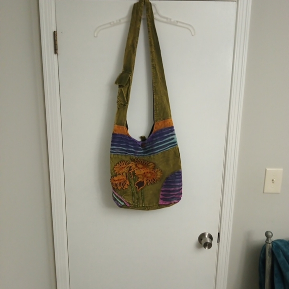 Olive Green Embroidered Crossbody Bag with Floral Appliqué - Picture 10 of 10